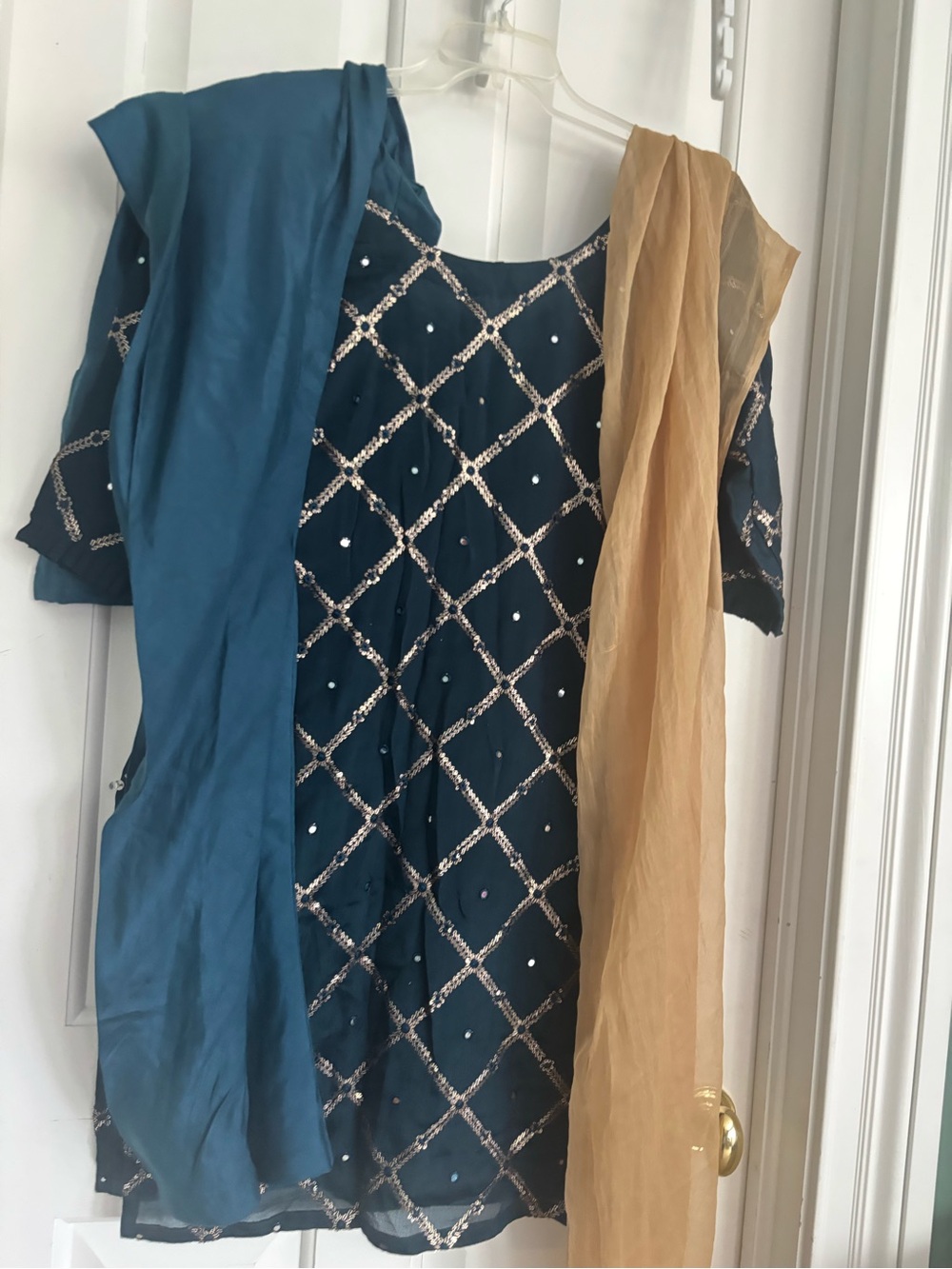 Embellished Teal Women’s Dress with Gold Dupetta and teal pants large size